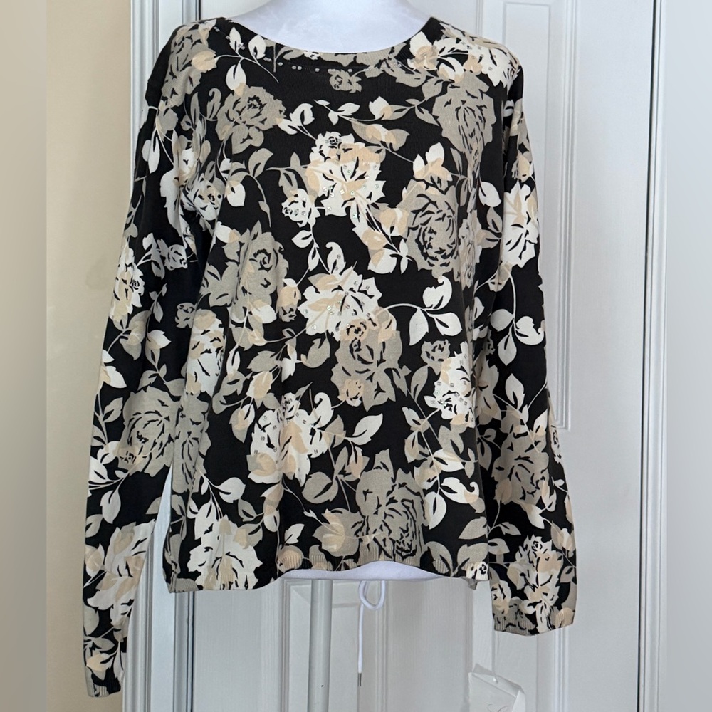 Emma James Lightweight Knit Sweater Cotton Blend Rose Pattern Light Sequins NWT